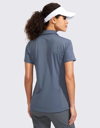 Vista 3 de Viodia Camisa de golf para mujer, manga corta, con cremallera, de secado rápido, elástica, con cuello de tenis, ropa de golf