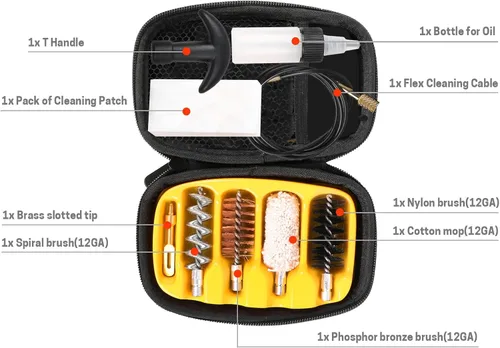 Vista 2 de Shotgun Cleaning Kit for 12GA, Universal Gun Brushes Kit with T Handle, Rods, Brass Jag Tip, Brass Slotted Tips, Cotton Mops, Nylon Brushes