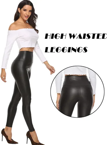 Vista 3 de RIOJOY Leggings sexys de cuero sintético para mujer, cintura alta, levantamiento de glúteos, pantalones de piel sintética elásticos con realce