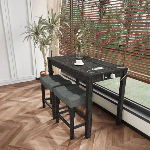 Vista 7 de allamazing Juego de Mesa de Bar de Altura de Mostrador de 3 Piezas con Enchufe y 2 Taburetes de Bar Acolchados de Tela, Juego de Mesa de Comedor 1+2