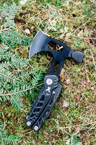 Vista 5 de Bear Grylls Hacha Multiherramienta Martillo – Con cuchillo, abrebotellas, hacha, funda de nailon, sierra, destornillador, silbato – táctico