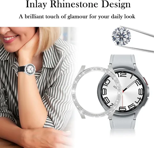 Vista 5 de Funda de reloj 2 en 1 para Samsung Galaxy Watch 6 Classic de 1.850 in (SM-R960), cubierta protectora de policarbonato con anillo bisel de diamantes