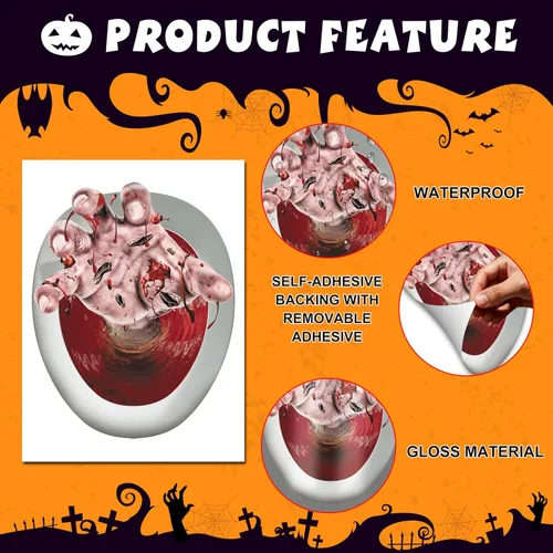 Vista 4 de Cubierta de asiento de inodoro de Halloween, calcomanía 3D de transformación de terror para fiesta temática de Halloween, decoración del hogar
