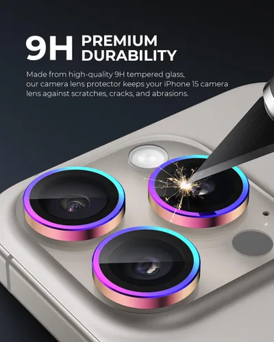Vista 3 de UARMOR - Protector de lente de cámara para iPhone 15 Pro y 15 Pro Max, vidrio templado 9H y anillo de aluminio delgado, ultra HD transparente, kit