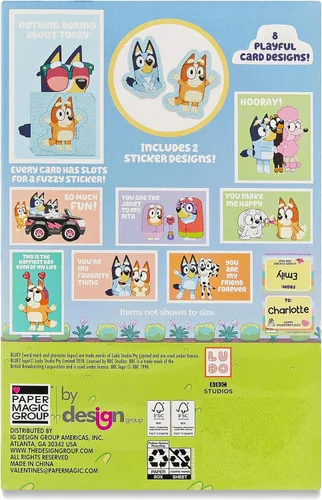 Vista 2 de Paper Magic Group Bluey - Juego de tarjetas de San Valentín y calcomanías peludas de Bluey - Tarjetas de intercambio de San Valentín