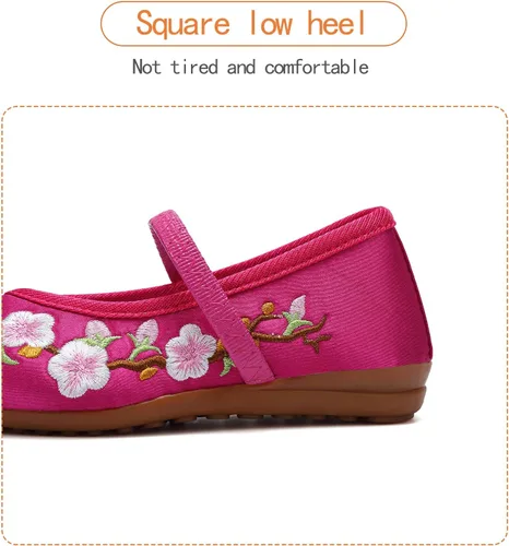 Vista 4 de Encanto - Zapatos de disfraz de Mary-Jane, zapatos planos de punta redonda, cuña baja, zapatos de ballet con bordado floral para niñas, Halloween