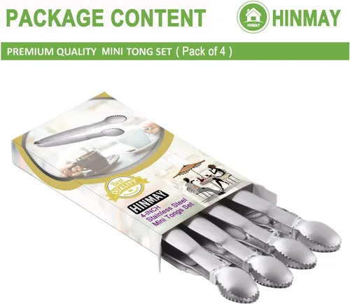 Vista 2 de HINMAY Pinzas para azúcar de 10,16 cm, mini pinzas para servir, acero inoxidable, pinzas para aperitivos, juego de 4 Plata de 4 pulgadas