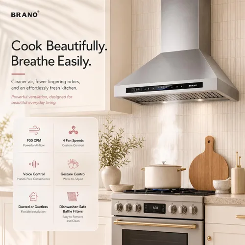 Vista 2 de Brano Range Hood 30 Inch Wall Mount, 900 CFM Ducted/Ductless Convertible, 4-Speed Stainless Steel Vent Hood, Voice Gesture Touch Control Panel