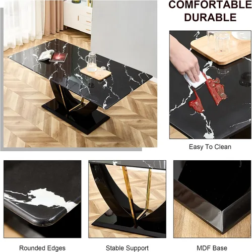 Vista 6 de Mesa de comedor para 4 a 6, mesa de cocina moderna, mesa de comedor, mesa rectangular de vidrio templado de 63 pulgadas con patas de MDF negras