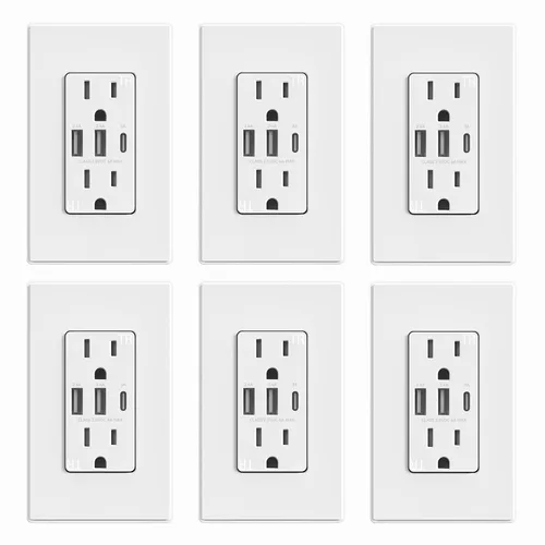 Vista 33 de ELEGRP Tomacorrientes USB, toma de pared de 3 puertos, toma eléctrica de 30 W 6.0 A resistente a manipulaciones, toma de corriente de 15 amperios