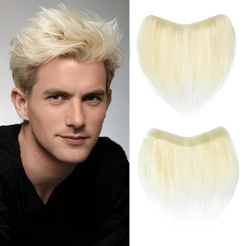 Vista 18 de Extensión frontal de cabello rubio claro para hombres, extensión de cabello lacio con pérdida de línea de cabello humano con cinta adhesiva