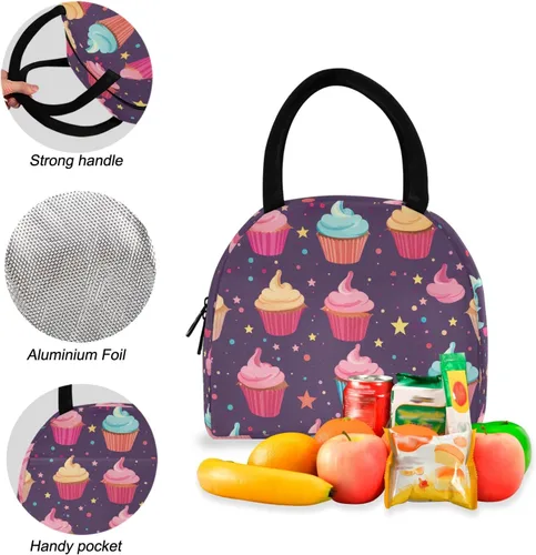 Vista 4 de Mochila de Halloween con diseño de calabaza y gato con lonchera, bolsas de libros de jardín de infantes para niños, Cupcakes en púrpura