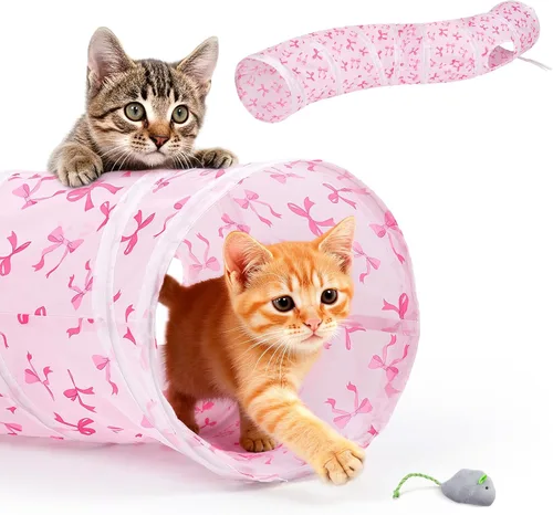 Vista 14 de Glittme Túnel para gatos, túneles para gatos de interior, cueva de gatos en forma de S con juguetes para gatos, tubos plegables para gatos y túneles