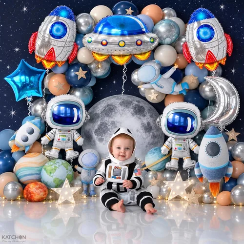 Vista 5 de Katchon, Juego de decoraciones de cumpleaños de gran espacio, 37 pulgadas, paquete de 7, globos de cohete, globos de astronauta para decoraciones
