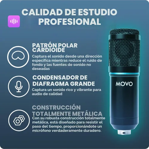 Vista 2 de Movo PC-M6 - Micrófono de condensador cardioide universal con soporte de micrófono de mesa, filtro pop de doble capa y cables de audio, gran kit