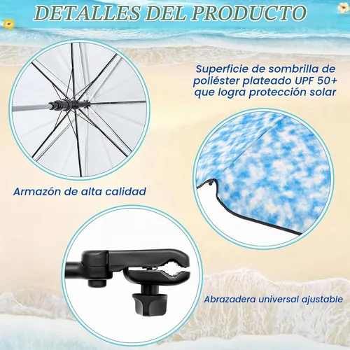 Vista 3 de Buryeah 2 paraguas automático para silla de playa con abrazadera ajustable universal de 44 pulgadas, UPF 50+ abrazadera portátil en silla de playa