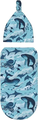 Vista 8 de Manta envolvente para recién nacido, con diseño de delfines, tiburones, ballena, pulpo, manta suave con gorro, regalos para niños y niñas