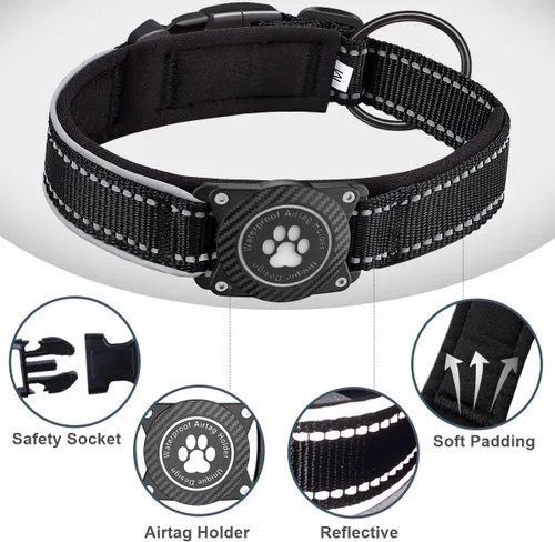 Vista 4 de Collar para perro Airtag con soporte impermeable para AirTag, luminoso reflectante, acolchado suave, collar de nailon ajustable para perros Negro