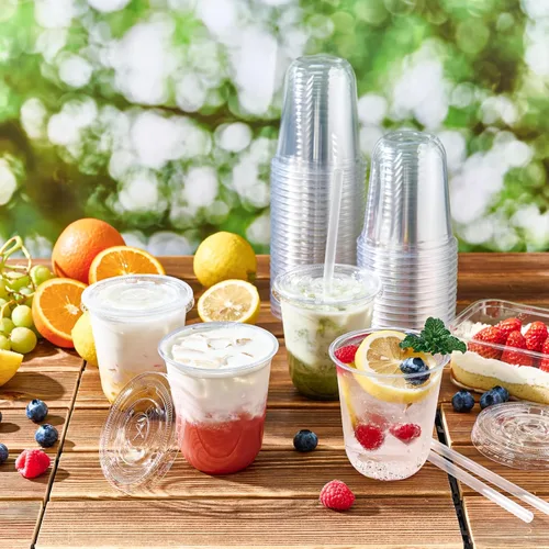 Vista 2 de Vplus Paquete de 100 tazas de café helado de 12 onzas con tapas, vasos de plástico desechables con tapas y popotes para bebidas frías, jugos