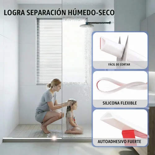 Vista 2 de Protector de agua para umbral de ducha, (39 pulgadas), barrera de silicona plegable para duchas a ras de suelo, tapón de agua autoadhesivo
