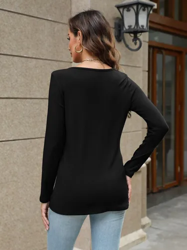 Vista 4 de Micticsi Camisetas de manga larga con cuello en V para mujer, camisetas de otoño de manga larga ajustadas
