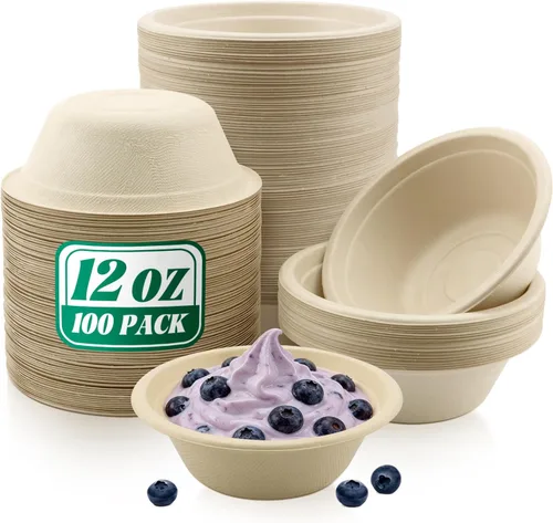 Vista 8 de Oomcu Paquete de 100 cuencos de sopa desechables pequeños de 8 onzas a granel, compostables y biodegradables, cuencos de papel reciclado resistentes
