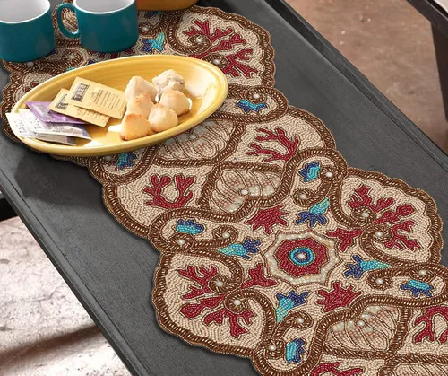 Vista 2 de Glitz Farmhouse Decor Camino de mesa – 36 x 13 pulgadas, color granate, azul, dorado, con múltiples cuentas para Navidad y despedidas de soltera