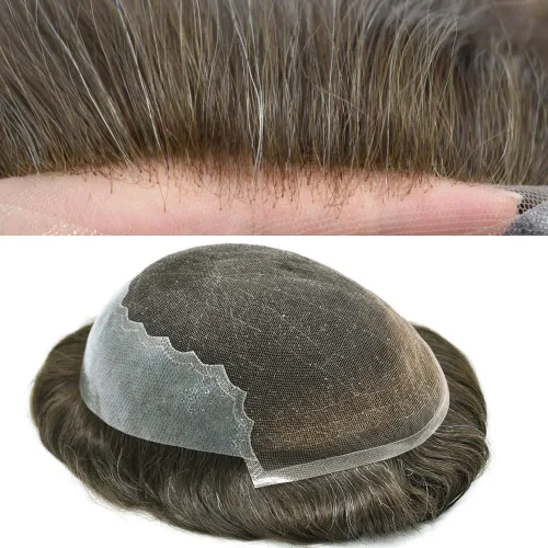Vista 21 de Toupee para hombres, sistema de reemplazo de cabello humano Remy, nudos blanqueados, encaje frontal, piel fina, para hombre, color gris, pelucas