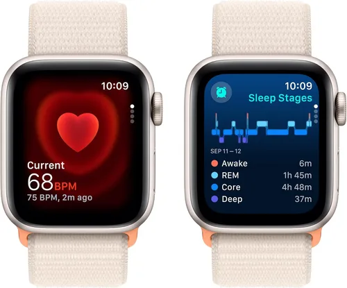 Vista 4 de Apple Watch SE (2ª generación) [GPS 1.575 in] Smartwatch con caja de aluminio Starlight con bucle deportivo Starlight. Monitor de fitness y sueño