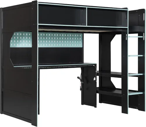 Vista 6 de Harper & Bright Designs Cama loft para juegos con escritorio integrado y luces LED, marco de cama de madera tamaño individual con cajón