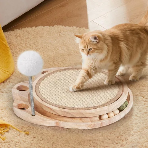 Vista 8 de Tablero rascador 3 en 1 para gatos y centro de actividades con almohadilla rascador de sisal, pista de bolas y juguete de resorte, muebles
