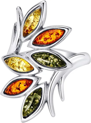 Vista 3 de PEORA Anillo de rama de hoja de ámbar báltico multicolor genuino para mujer, plata de ley 925, coñac rico, verde oliva, amarillo miel, talla 5