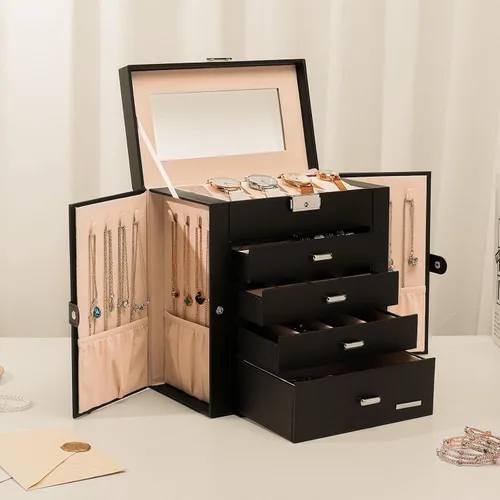 Vista 8 de Homde Caja de joyería enorme de cuero sintético Organizador de reloj con espejo Collar Anillo Pendiente Almacenamiento Caja de regalo con cerradura