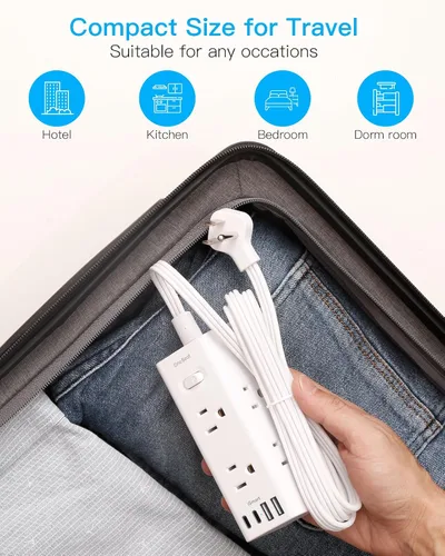 Vista 7 de Cable de extensión de 1 pie con múltiples tomas, regleta de alimentación de enchufe plano con cable de 1 pie, 6 tomas de corriente, 4 puertos USB