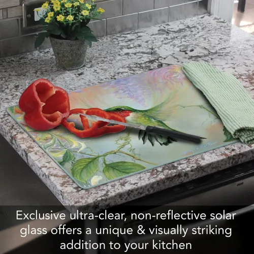 Vista 5 de Ruby Hummingbird Natures Gift of Feathers Tabla de cortar grande de vidrio templado Highland Graphics Tabla de servir, tablero de embutidos