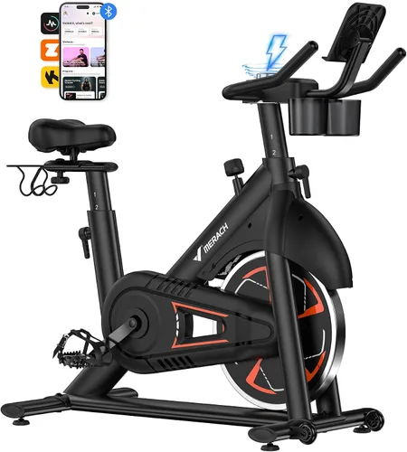 Vista 10 de Merach Bicicleta estática magnética, bicicleta estacionaria de bajo ruido para el hogar con cómodo cojín de asiento, bicicleta giratoria