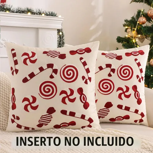 Vista 2 de Funda para almohadón navideño 18 x 18 pulgadas, juego de 2, funda de almohada de terciopelo beige con bastón de caramelo, funda para almohadón