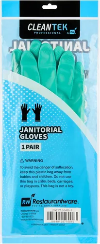 Vista 15 de Restaurantware Guantes de limpieza verdes, 10 pares de guantes de nitrilo de 15 mil de grosor, pequeños y resistentes con puño largo, forro