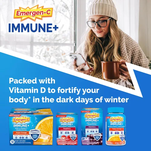 Vista 2 de Emergen-C Immune+ Apoyo Inmunológico de Triple Acción en Polvo, BetaVia (R), 1000 mg de Vitamina C, Vitaminas B, Vitamina D y Antioxidantes, Súper