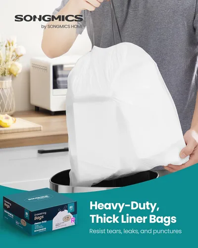 Vista 2 de SONGMICS Bolsas de basura para botes de basura de 2.6 galones (10 litros), bolsas de basura con cordón para cocina, preseparadas, caja