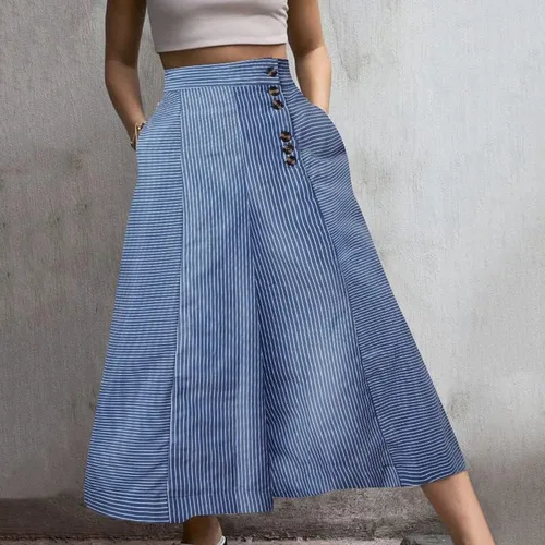Vista 2 de Celmia Culottes - Pantalones de pierna ancha para mujer cintura elástica botones y bolsillos capris