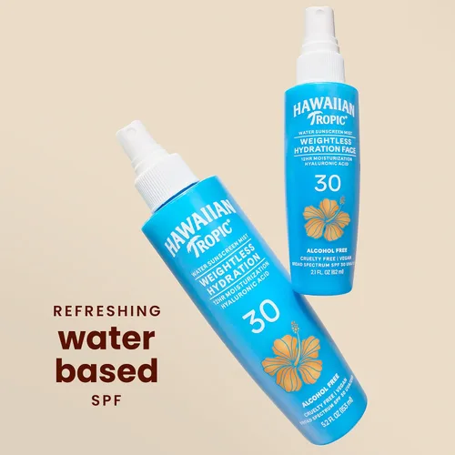Vista 2 de Hawaiian Tropic Bruma de agua de hidratación sin peso para rostro SPF 30, 2.1 onzas líquidas, spray hidratante de niebla facial SPF