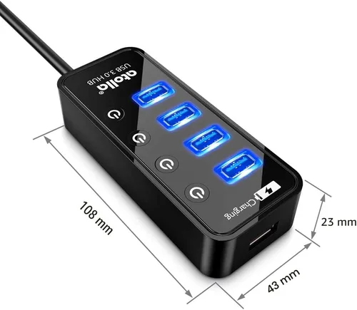 Vista 6 de Atolla Hub USB 3.0 de 4 puertos con 4 puertos de datos, 1 puerto de carga inteligente, interruptores individuales de encendido/apagado y adaptador