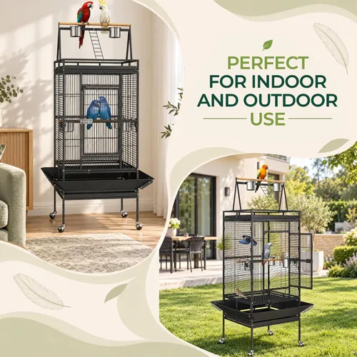 Vista 6 de ZENY Jaula de 68 pulgadas para pájaros con parte superior para jugar, jaula de loro de hierro forjado con soporte móvil, casa resistente