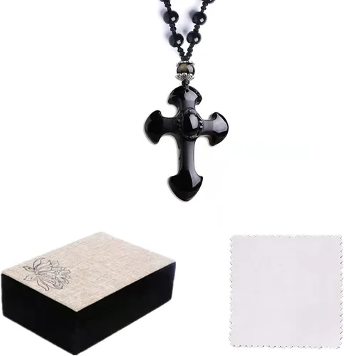 Vista 7 de Collar con dije de cruz de obsidiana negra, cristal curativo de obsidiana natural, piedra de energía, amuleto, para mujeres, hombres, niñas, niños