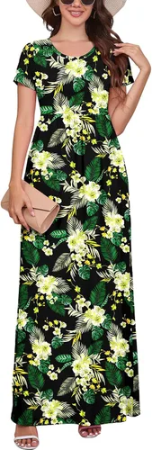 Vista 35 de DEARCASE - Vestido Maxi para Mujer de Manga Corta, Casual de Verano, Holgado, Liso, Cómodo, Vestidos Largos con Bolsillos 1-negro