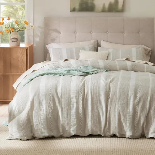 Vista 38 de Bedsure Funda de edredón de 100% algodón tamaño individual, tejido gofre, color blanco coco, GentleSoft y transpirable, juego de cama para regalo, 2