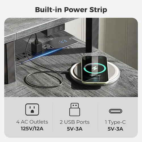 Vista 5 de SUPERJARE Escritorio reversible en forma de L de 47 pulgadas con luces LED y tomas de corriente, escritorio para computadora con estantes y soporte