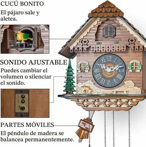 Vista 3 de TIMEGEAR Reloj de pared de cuco con modo nocturno, movimiento de cuarzo y péndulo oscilante (La granja)