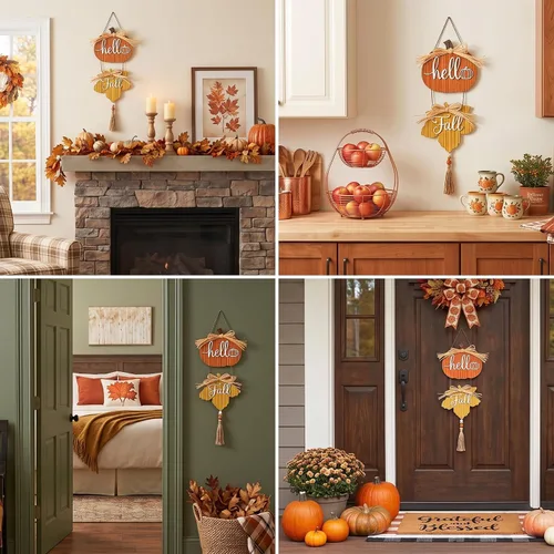 Vista 9 de Valery Madelyn Decoraciones de otoño para el hogar, decoración de pared de otoño con calabaza y hoja de arce, coronas rústicas de otoño, decoración